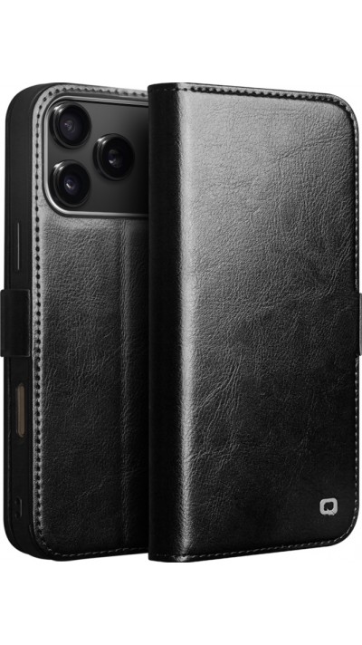iPhone 17 Pro Max Case Hülle - Flip Qialino Echtleder mit magnetischem Verschluss - Schwarz