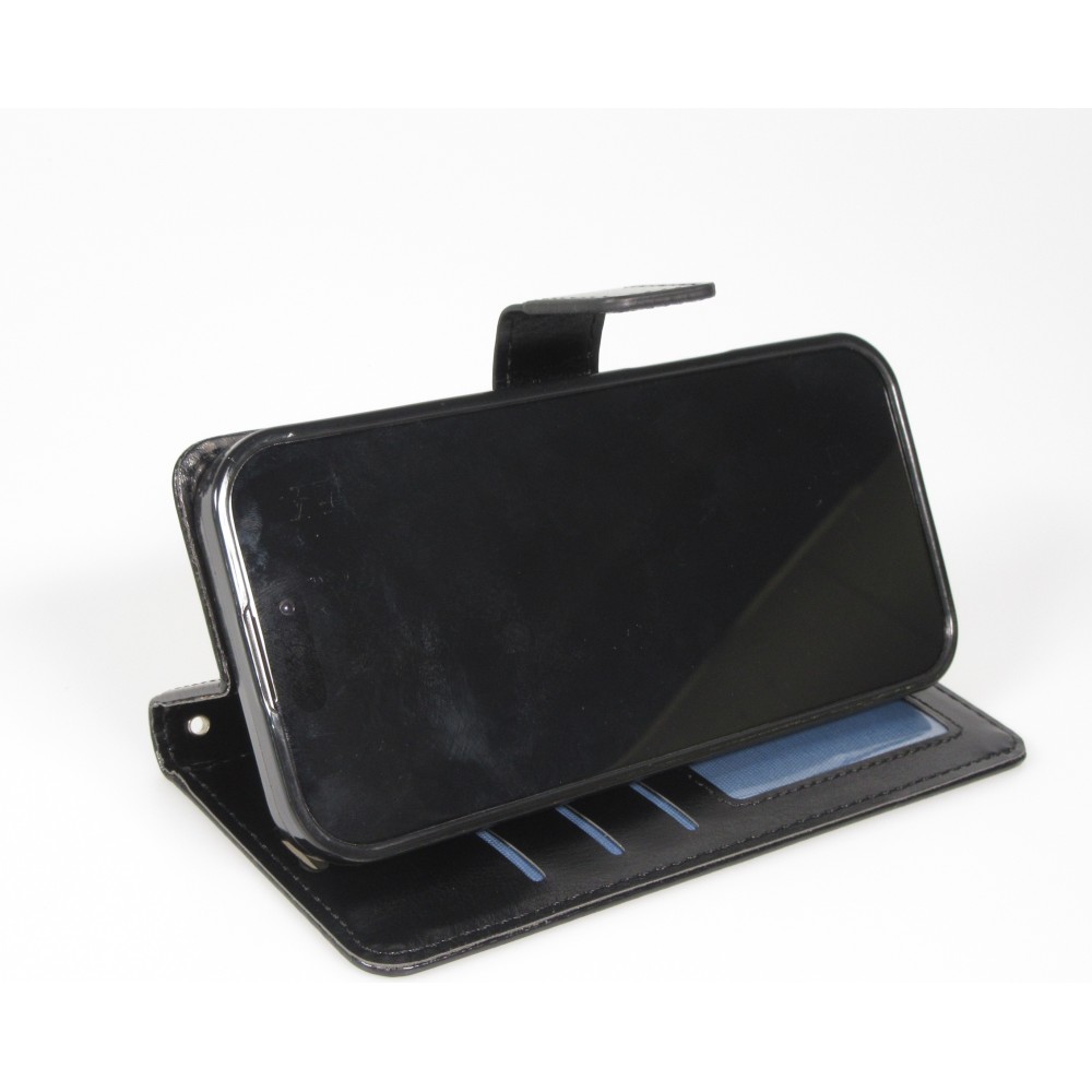 Fourre iPhone 17 Pro Max - Premium Flip cuir lisse porte-cartes - Noir