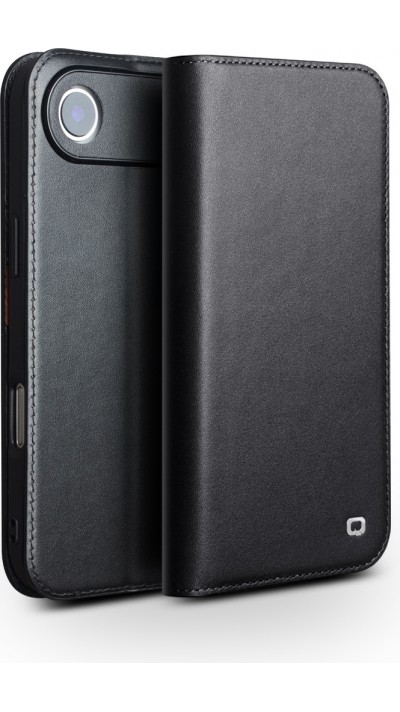 Fourre iPhone Air - Flip Qialino Matt Wallet cuir véritable - Noir