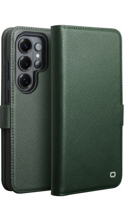 Samsung Galaxy S26 Ultra Case Hülle - Flip Qialino Echtleder matt mit magnetischem Verschluss - Mattgrün