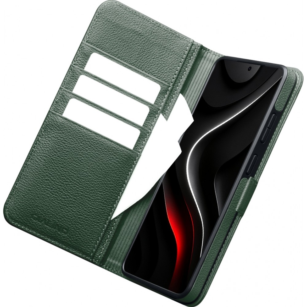 Samsung Galaxy S26 Ultra Case Hülle - Flip Qialino Echtleder matt mit magnetischem Verschluss - Mattgrün