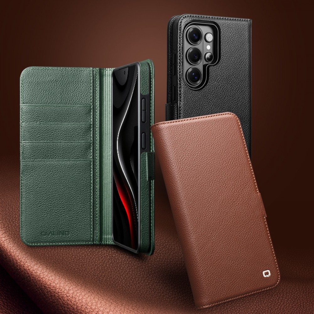 Samsung Galaxy S26 Ultra Case Hülle - Flip Qialino Echtleder matt mit magnetischem Verschluss - Mattgrün