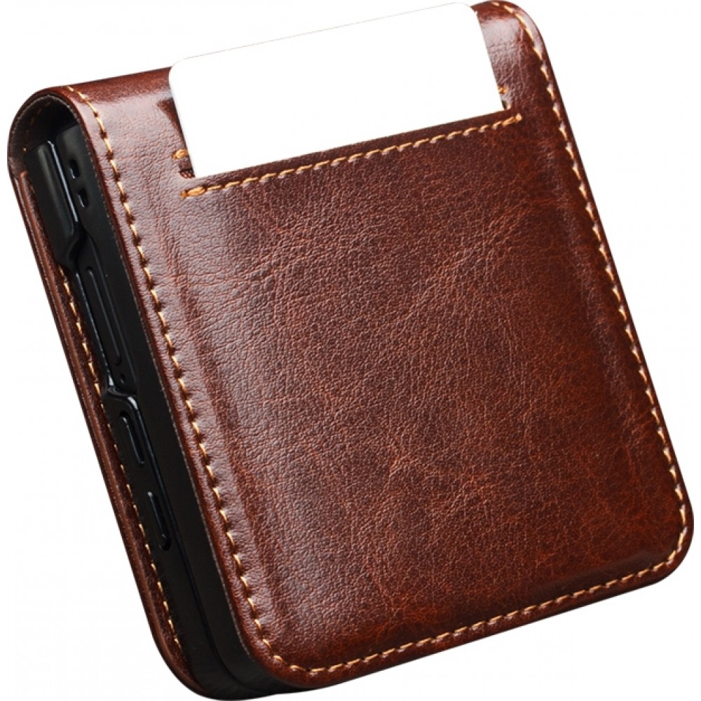 Samsung Galaxy Z Flip7 Case Hülle - Flip Qialino Echtleder mit magnetischem Verschluss - Dunkelbraun