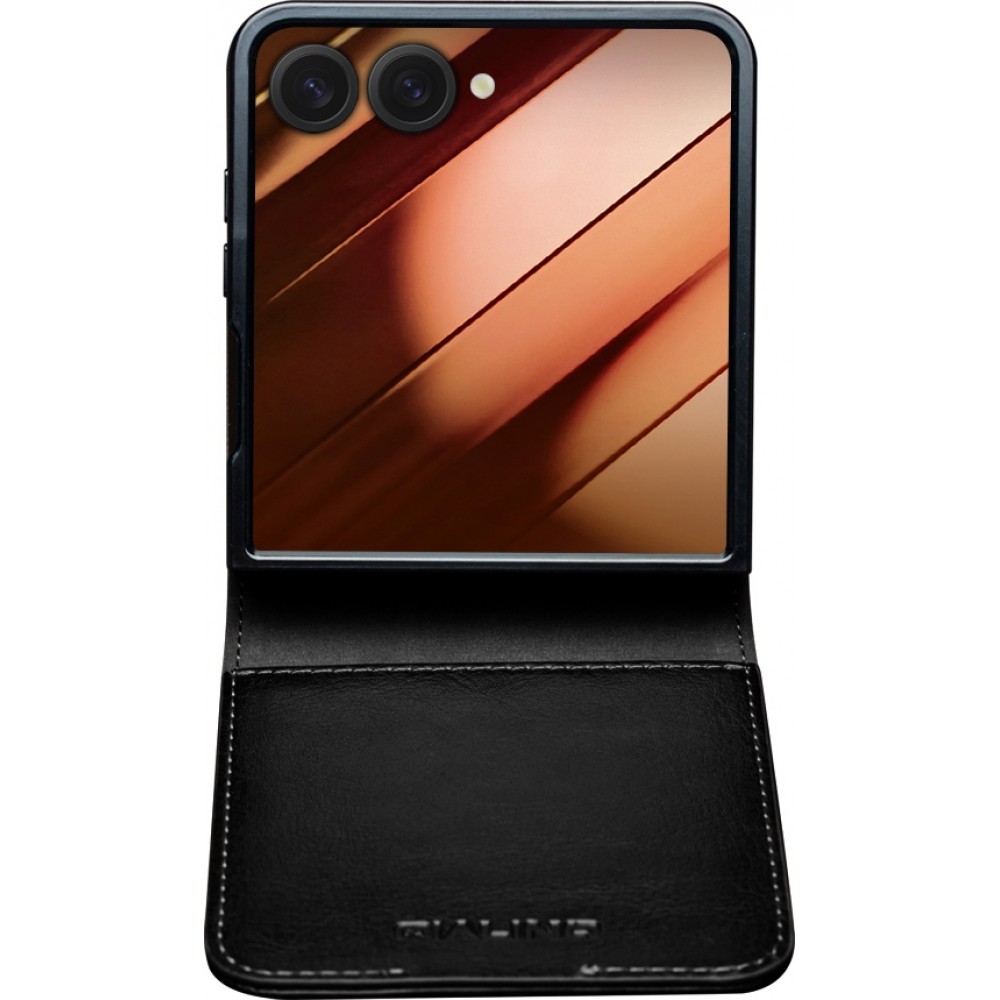 Samsung Galaxy Z Flip7 Case Hülle - Flip Qialino Echtleder mit magnetischem Verschluss - Schwarz