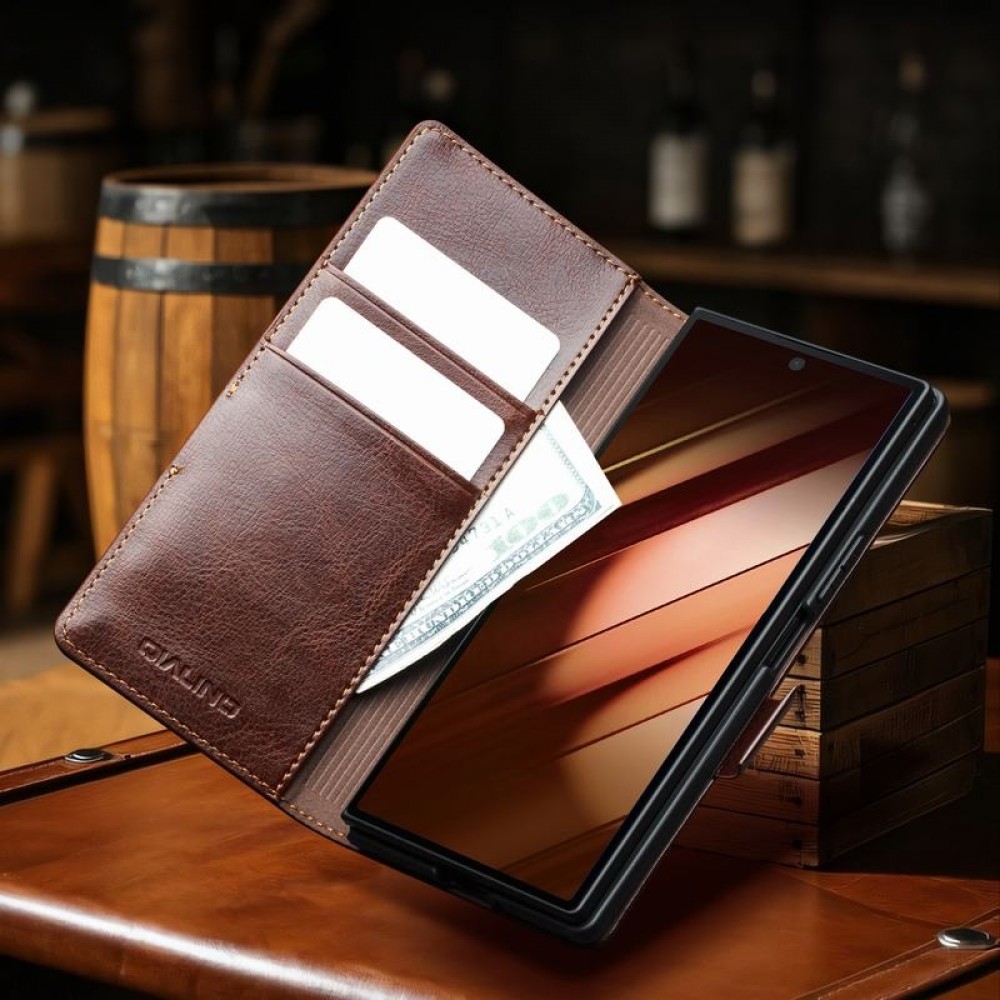 Samsung Galaxy Z Fold7 Case Hülle - Flip Qialino Echtleder mit magnetischem Verschluss - Dunkelbraun