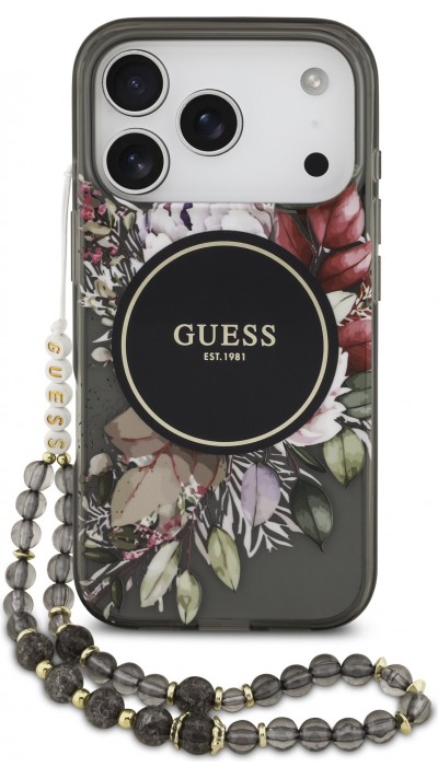 Coque iPhone 17 Pro - Guess IML fleurs avec chaîne poignet compatible MagSafe protection élégante et tendance - Noir