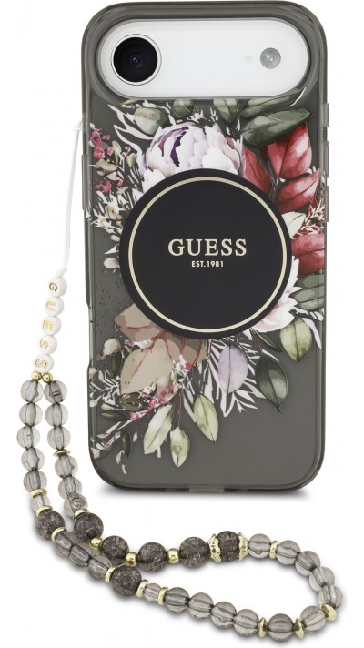 iPhone Air Case Hülle - Guess IML Blumen mit Handgelenk-Kette, kompatibel mit MagSafe elegante und trendige Schutzhülle - Schwarz