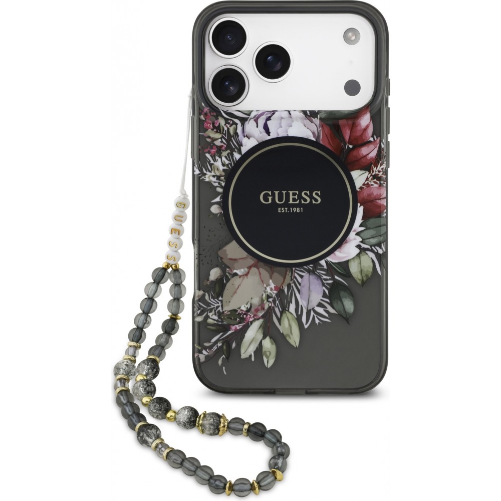 iPhone 17 Pro Max Case Hülle - Guess IML Blumen mit Handgelenk-Kette, kompatibel mit MagSafe elegante und trendige Schutzhülle - Schwarz