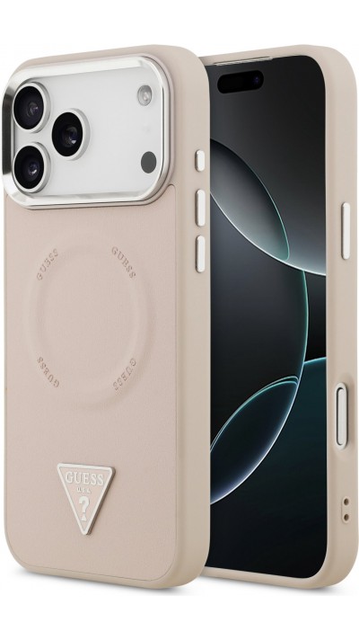 Coque iPhone 17 Pro Max - Guess MagSafe cuir PU avec logo triangle et cadre caméra métal argenté - Rose