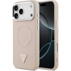 iPhone 17 Pro Case Hülle - Guess MagSafe PU-Leder mit Triangel-Logo und silbernem Kamerarahmen - Rosa