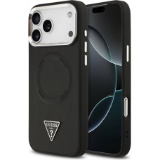 iPhone 17 Pro Case Hülle - Guess MagSafe PU-Leder mit Triangel-Logo und silbernem Kamerarahmen - Schwarz