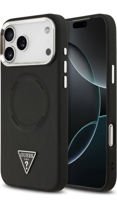 iPhone 17 Pro Case Hülle - Guess MagSafe PU-Leder mit Triangel-Logo und silbernem Kamerarahmen - Schwarz