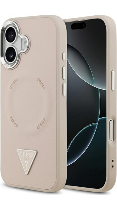 iPhone 17 Case Hülle - Guess MagSafe PU-Leder mit Triangel-Logo und silbernem Kamerarahmen - Rosa