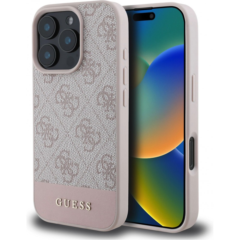 iPhone 16 Pro Case Hülle - Guess 4G Muster mit goldfarbenem 3D-Logo - Rosa