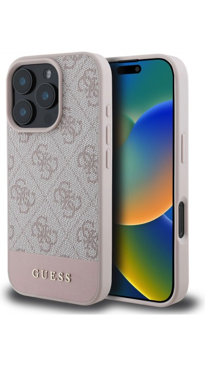 iPhone 16 Pro Case Hülle - Guess 4G Muster mit goldfarbenem 3D-Logo - Rosa