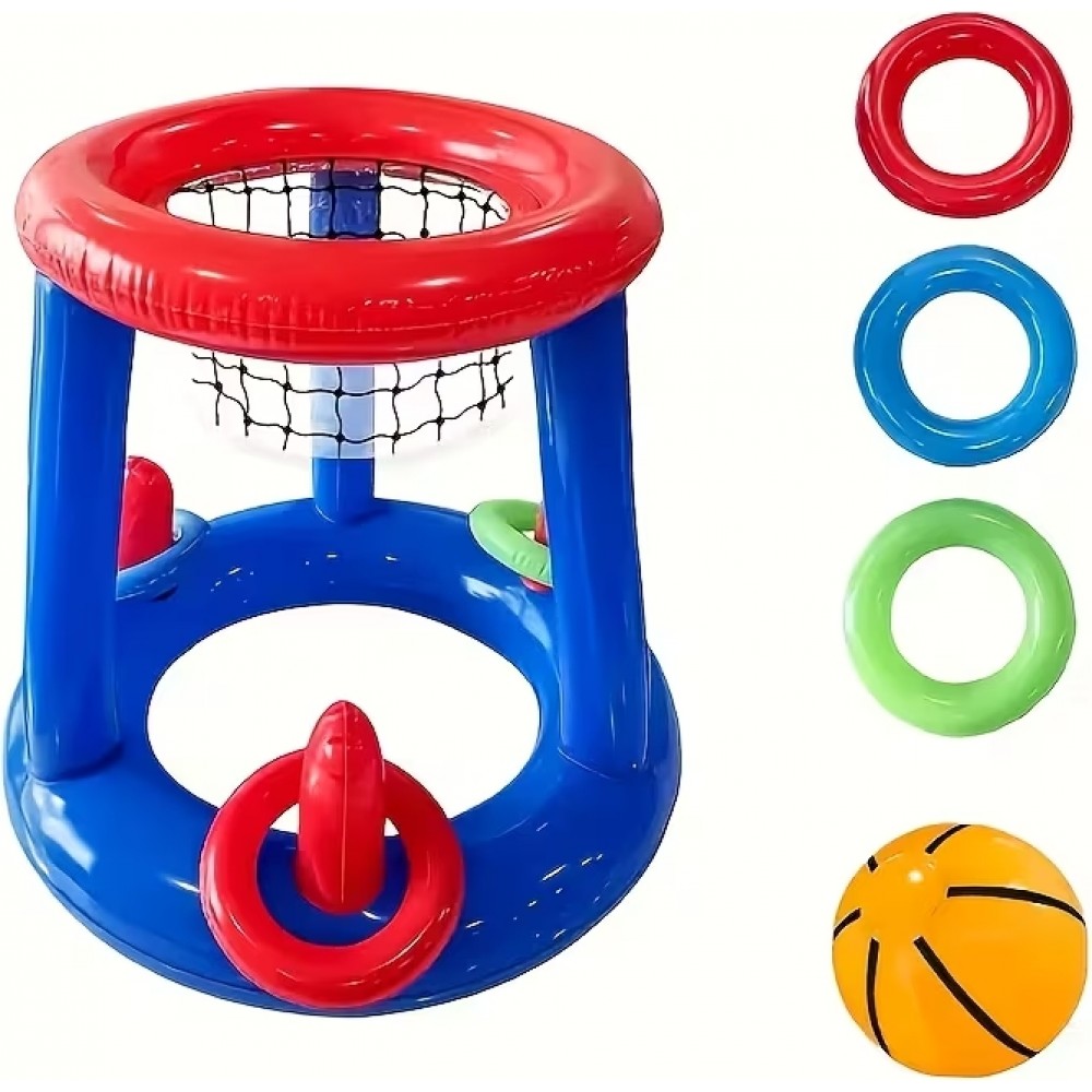 Jeu flottant piscine 2 en 1 panier de basket et lancer d’anneaux jouets aquatiques été pour enfants et adultes - Bleu
