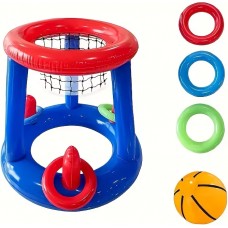 Jeu flottant piscine 2 en 1 panier de basket et lancer d’anneaux jouets aquatiques été pour enfants et adultes - Bleu