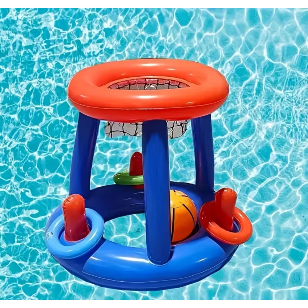 Jeu flottant piscine 2 en 1 panier de basket et lancer d’anneaux jouets aquatiques été pour enfants et adultes - Bleu