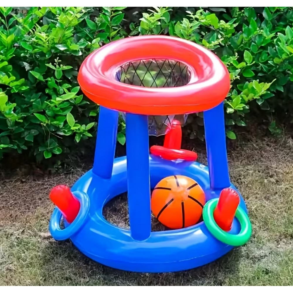 Jeu flottant piscine 2 en 1 panier de basket et lancer d’anneaux jouets aquatiques été pour enfants et adultes - Bleu