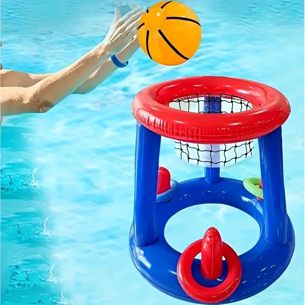 Jeu flottant piscine 2 en 1 panier de basket et lancer d’anneaux jouets aquatiques été pour enfants et adultes - Bleu