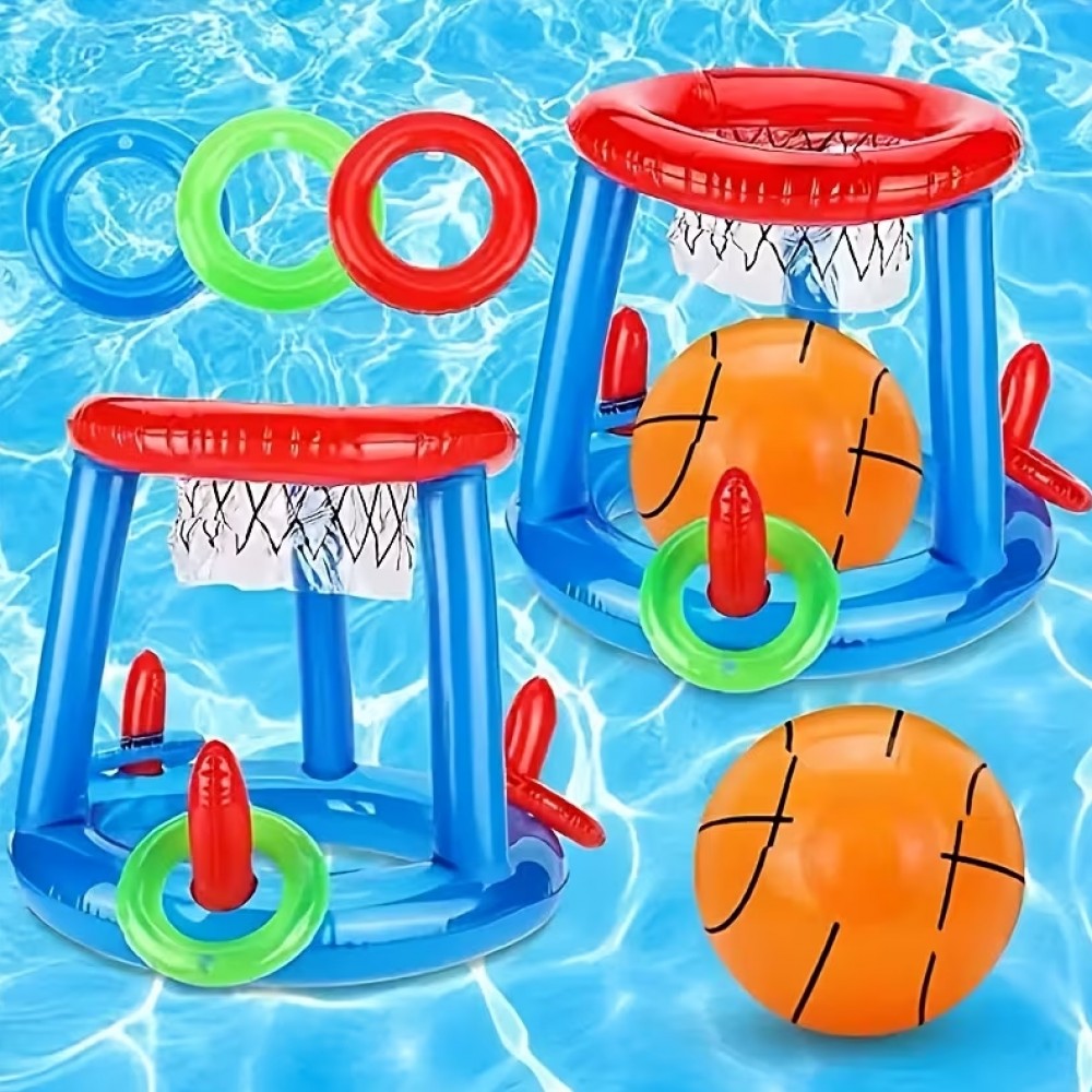 Jeu flottant piscine 2 en 1 panier de basket et lancer d’anneaux jouets aquatiques été pour enfants et adultes - Bleu