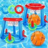 Jeu flottant piscine 2 en 1 panier de basket et lancer d’anneaux jouets aquatiques été pour enfants et adultes - Bleu