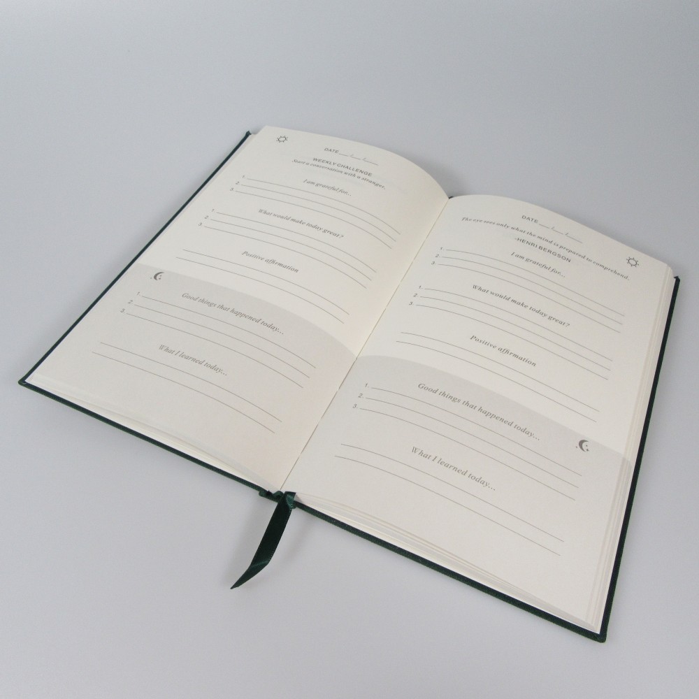 Elegantes Gratitude Journal Tag und Nacht - Stoffnotizbuch mit inspirierenden Zitaten - Grün