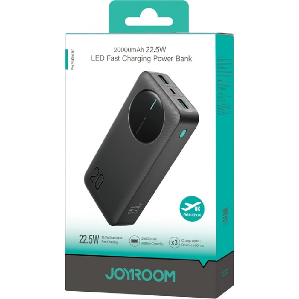 Joyroom JR-PBF14 Pro Powerbank 3-in-1 20000mAh 22.5W sauberes Design 2x USB-A 2.4 & 1x USB-C (In+Out) - Schwarz
