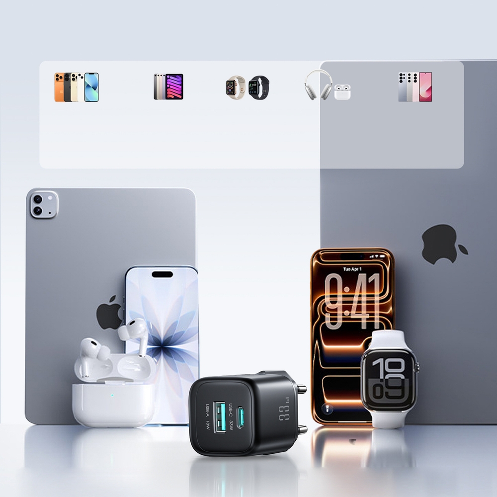 Joyroom JR-TG7 33W USB-A + USB-C Wandladeger&auml;t mit 30W Lightning Kabel 1m - Schwarz