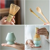 Traditionelles 3-teiliges Japanisches Matcha-Set mit Bambusbesen + Keramikhalter + Bambusl&ouml;ffel - Weiss