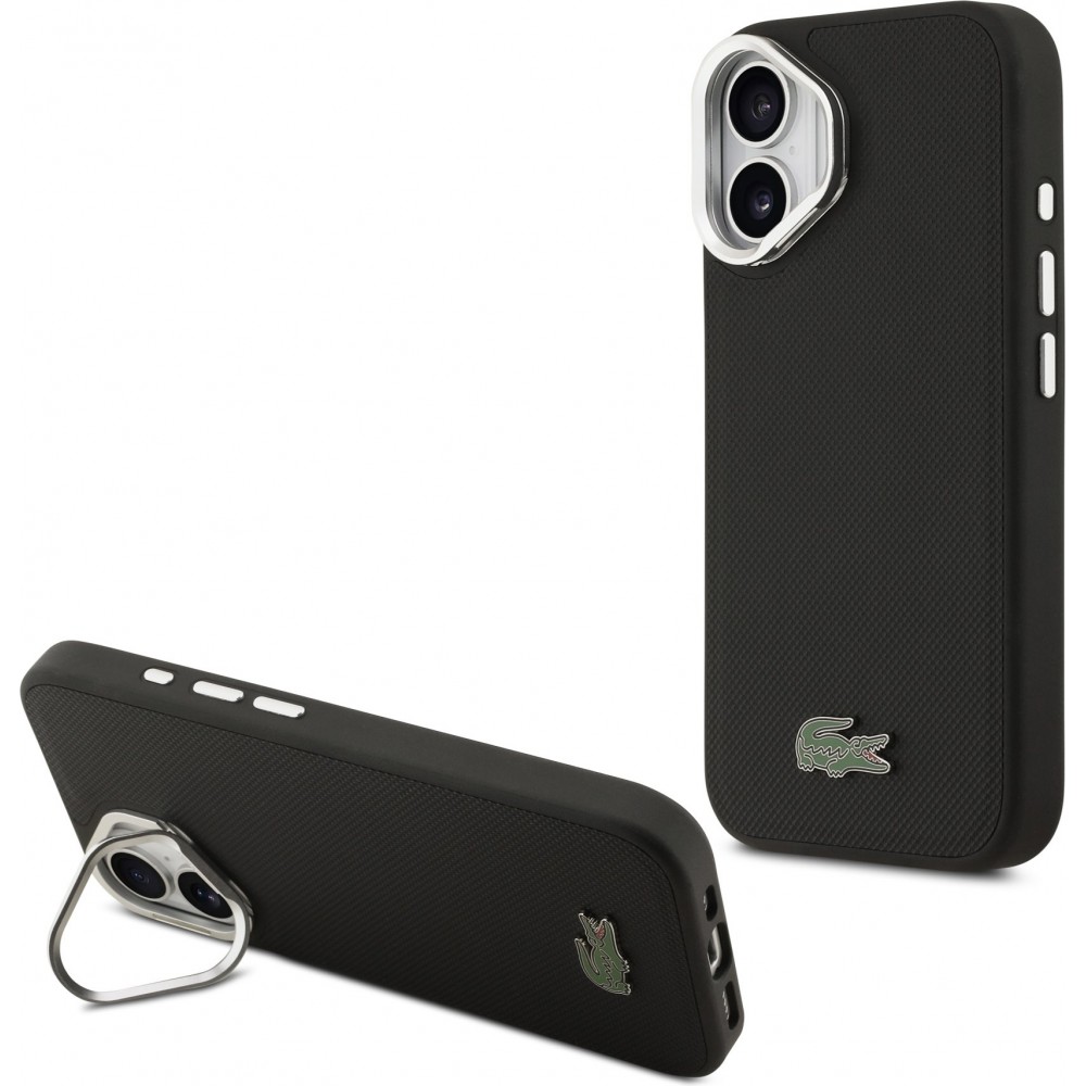 iPhone 17 Case Hülle - Lacoste Iconique Petit Piqué MagSafe Metallhalter für Kamera - Schwarz