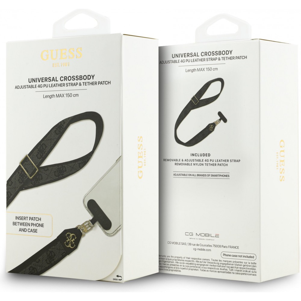 Lani&egrave;re / bandouli&egrave;re universelle Guess Crossbody Strap 4G avec logo m&eacute;tal en PU (150cm) - Noir