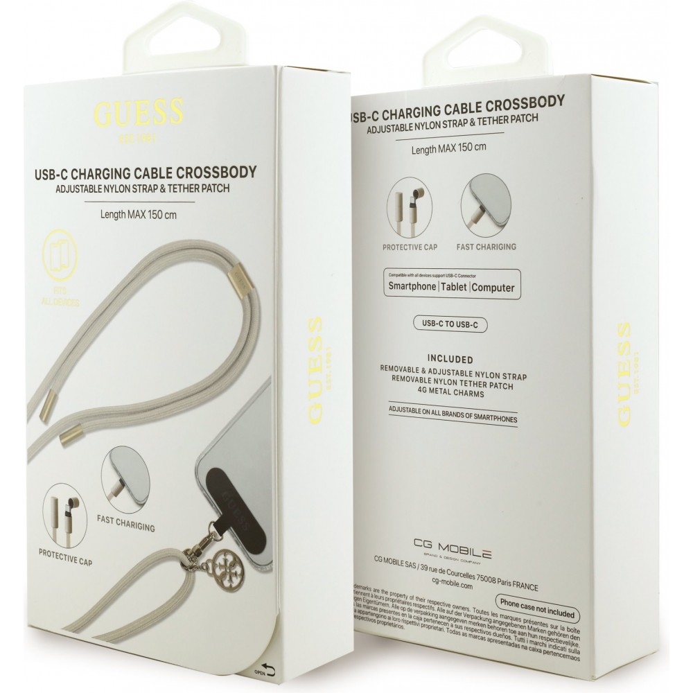 Guess 4G Smartphone Lanière mit integriertem USB-C Schnelllade-Kabel und Charm - Beige