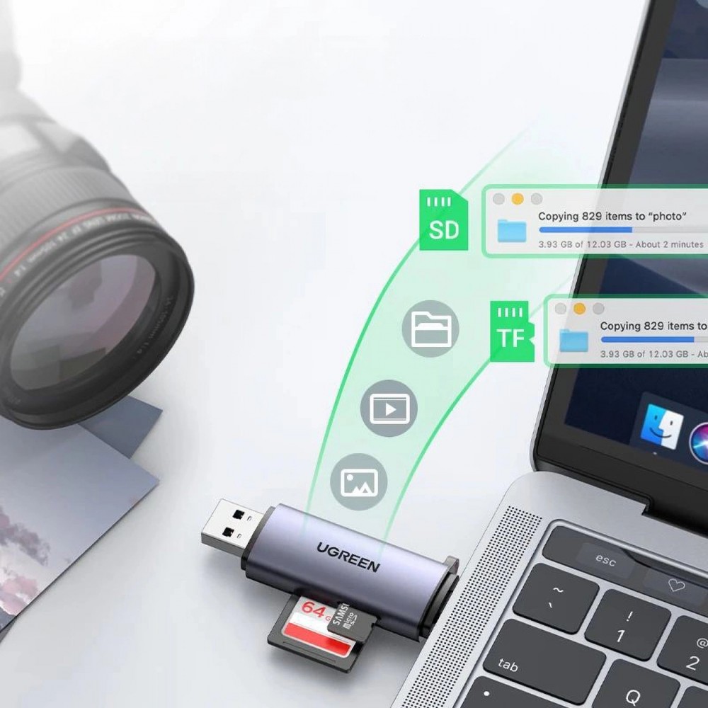 Ugreen 2-in-1 Kartenleser mit USB-C / USB-A 3.0 / SD-Karte / TF-Karte - Ultra-kompakt - Grau