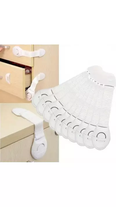 10er Set Sicherheitsverschl&uuml;sse f&uuml;r M&ouml;bel und Schubladen f&uuml;r Kinder - Einfache Montage aus langlebigem ABS-Kunststoff mit Klebeb&auml;ndern - Weiss