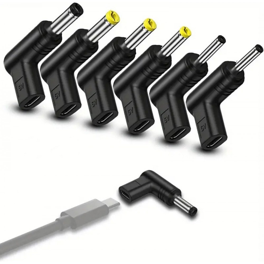 Lot de 6 adaptateurs USB-C vers DC connecteurs divers connecteurs charge routeur 3.0x1.1 à 5.5x2.1mm transfert données - Noir
