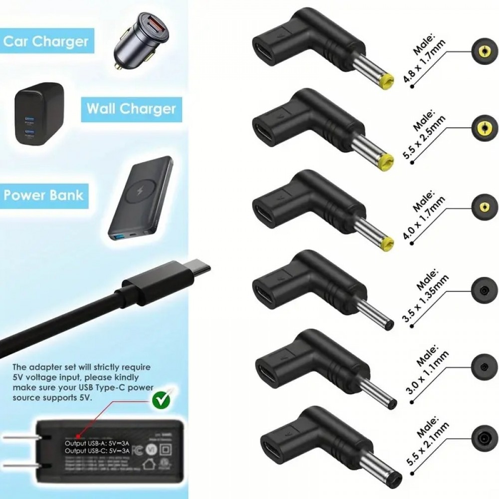 Lot de 6 adaptateurs USB-C vers DC connecteurs divers connecteurs charge routeur 3.0x1.1 à 5.5x2.1mm transfert données - Noir