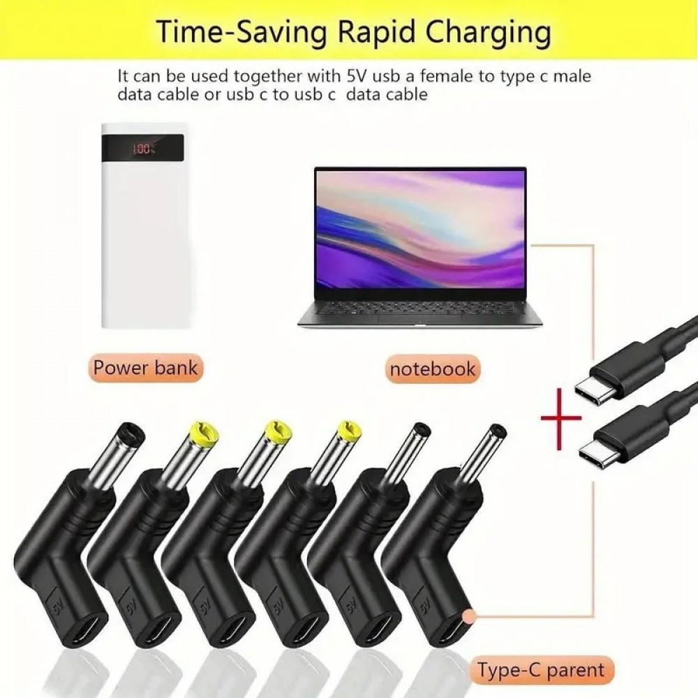Lot de 6 adaptateurs USB-C vers DC connecteurs divers connecteurs charge routeur 3.0x1.1 à 5.5x2.1mm transfert données - Noir