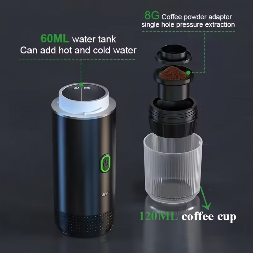 Machine à expresso (capsules) portable électrique rechargeable USB-C avec batterie 7500mA pour voyages - Noir