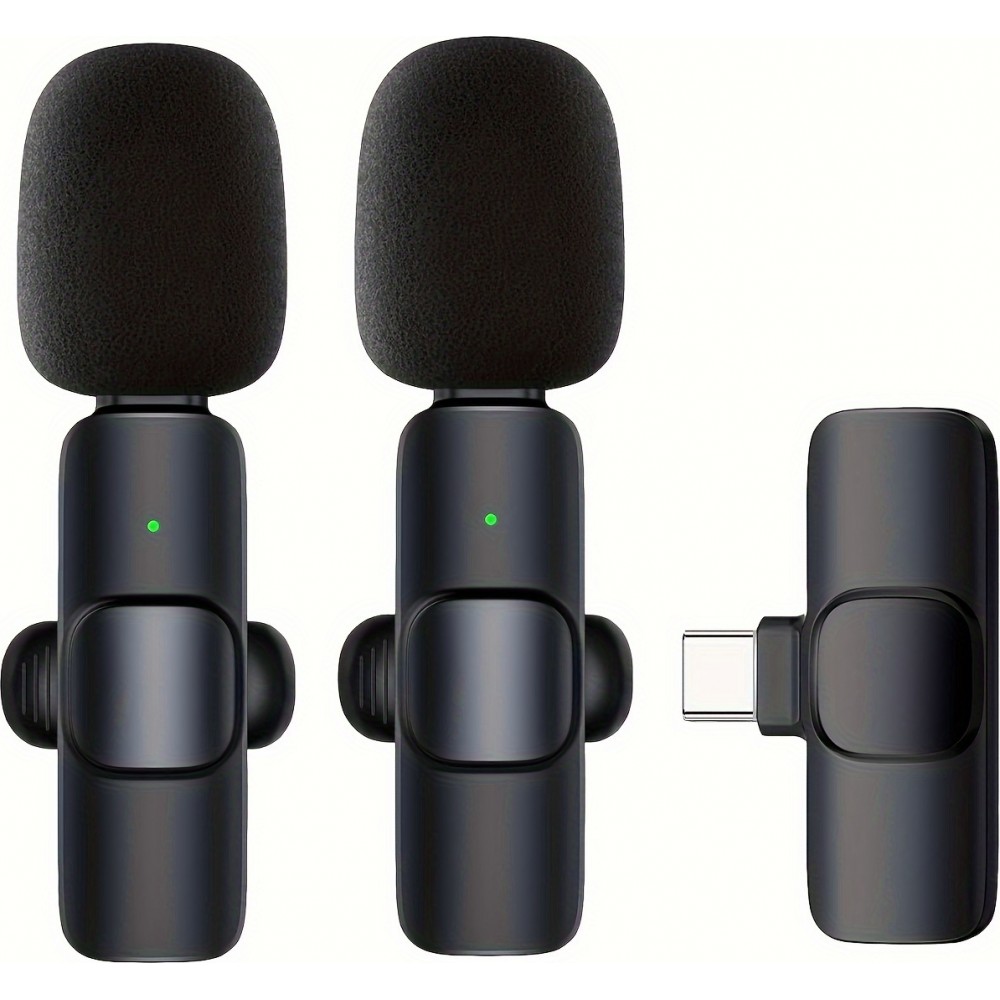 Kabelloses Bluetooth USB-C Lavalier-Mikrofon Set (2 Stück) für Smartphone und Tablet mit einfacher Aufnahme - Schwarz