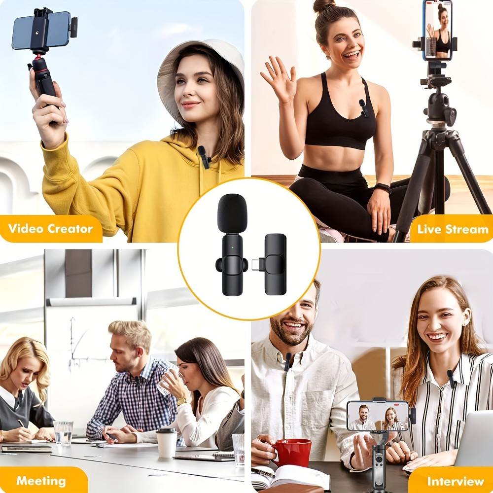Kabelloses Bluetooth USB-C Lavalier-Mikrofon Set (2 Stück) für Smartphone und Tablet mit einfacher Aufnahme - Schwarz