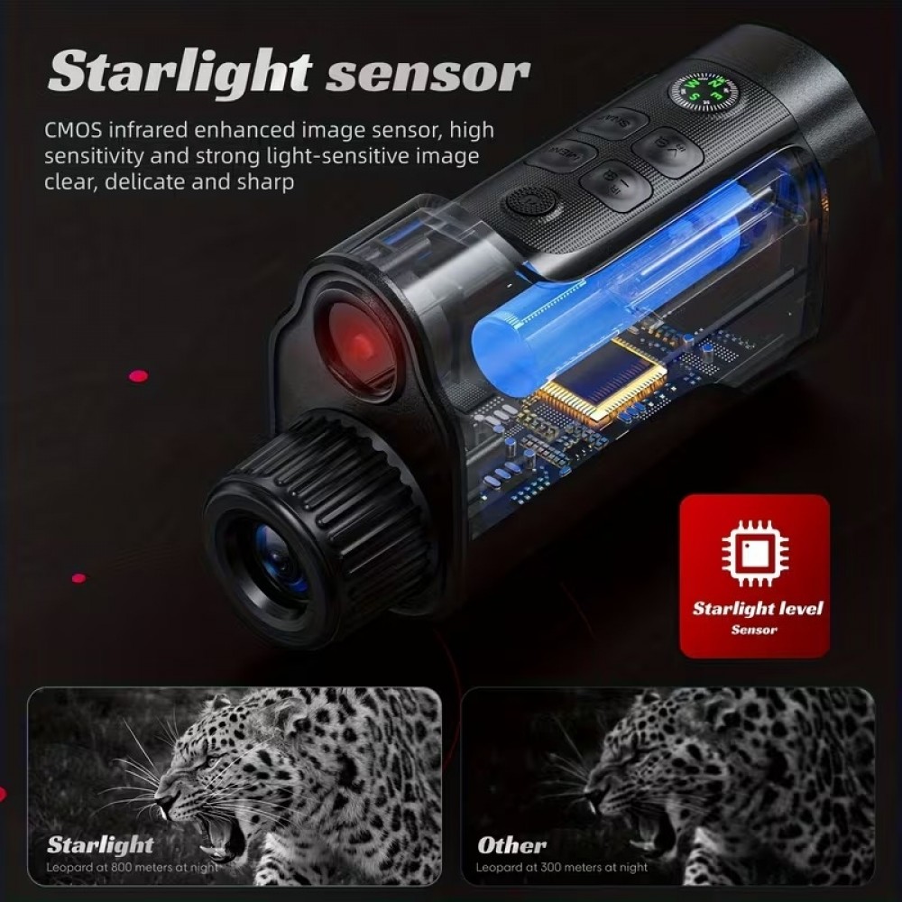 10x Zoom Monokular HD Nachtsicht 800m Infrarot 5W Starlight Foto/Video USB Wiederaufladbar - Schwarz