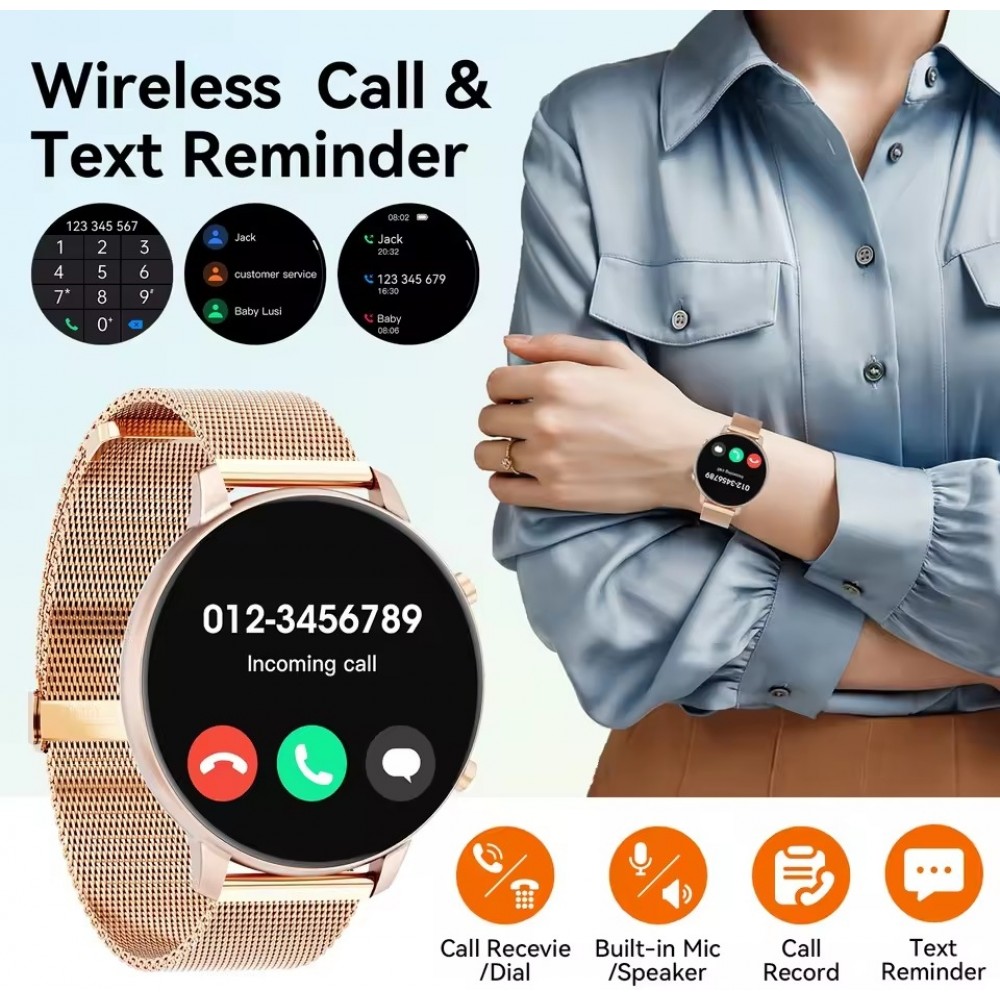 Smartwatch BT Call G25 Bluetooth 1.39 Zoll Display  wasserdicht Fitness Tracker Herzfrequenz Blutdruck Blutsauerstoff Schlaf&uuml;berwachung Stress- und Atemkontrolle - Rosa gold