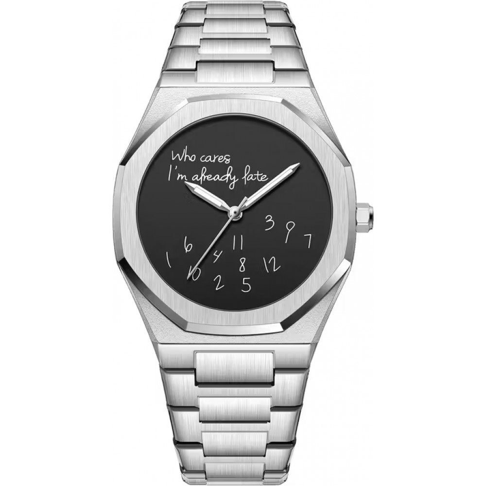 Minimalistische Uhr Who cares I'm already late (schwarzem Zifferblatt) 42 mm - Silber