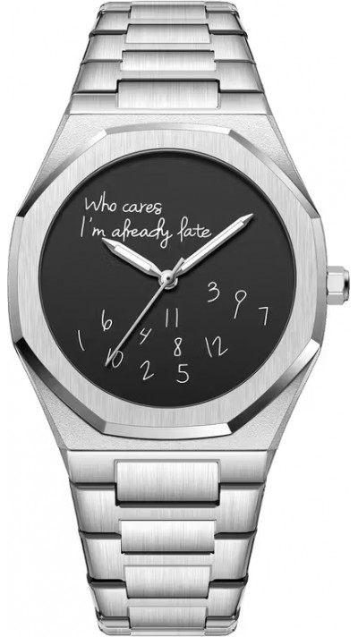 Montre de style minimaliste Who cares I'm already late (cadran noir) 42 mm - Argent