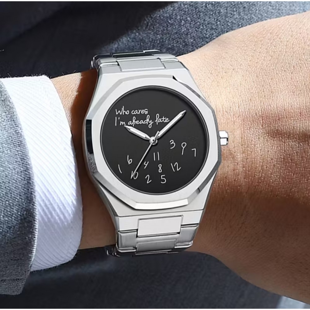 Minimalistische Uhr Who cares I'm already late (schwarzem Zifferblatt) 42 mm - Silber