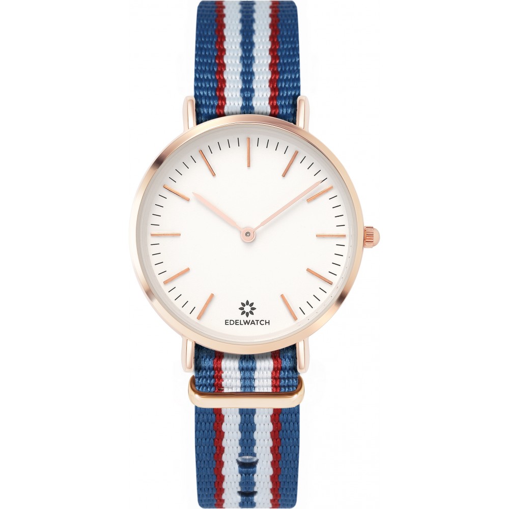 Montre Edelwatch 32 mm (Ladies) cadran doré fond blanc (pile non incluse) - Bracelet bleu clair / rouge / blanc