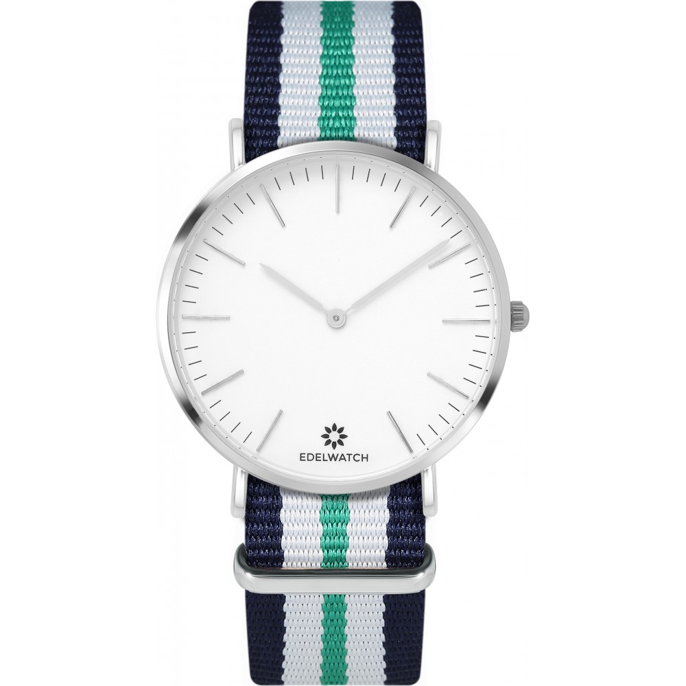 Montre Edelwatch 41 mm (Men) cadran argenté fond blanc (pile non incluse) - Bracelet bleu / blanc / vert