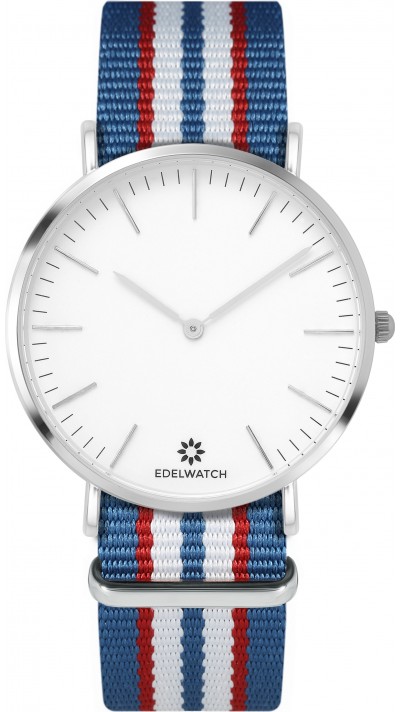 Edelwatch Uhr 41 mm (Men) Silver Zifferblatt Weiss (Batterie nicht enthalten) - Hellblau / Rot / Weiss