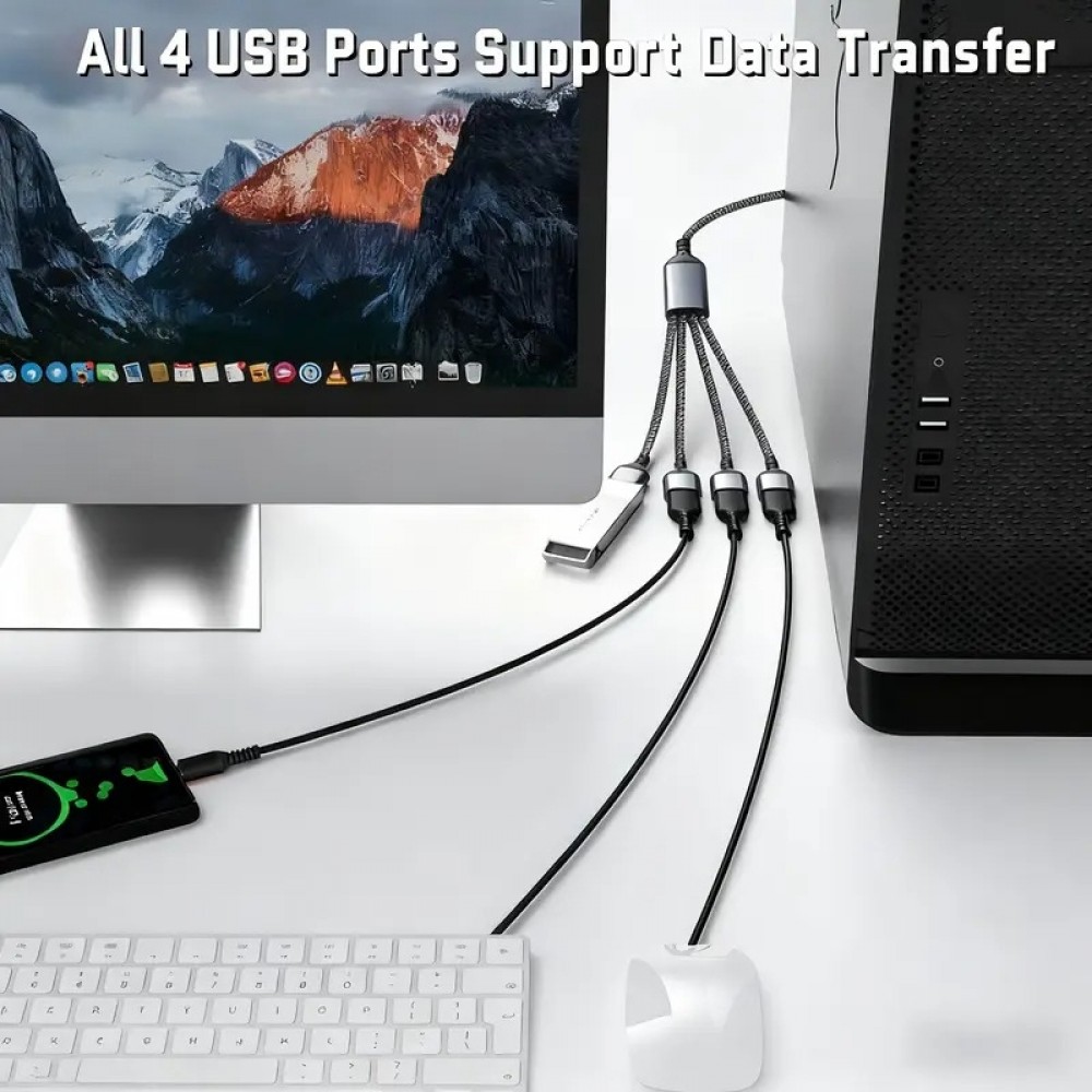 USB-A Mehrfachsteckdose mit 4x USB-A Anschlüssen und 30 cm Kabel Mehrfachladehub - Grau